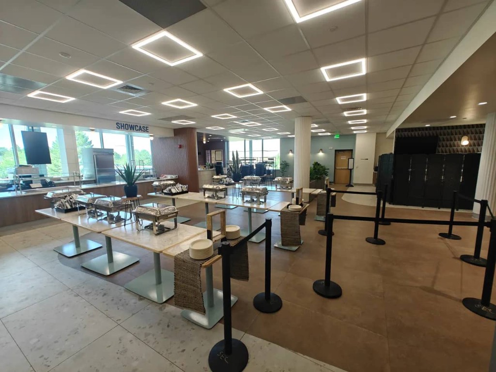 Commercial interior with custom lighting and catering setup